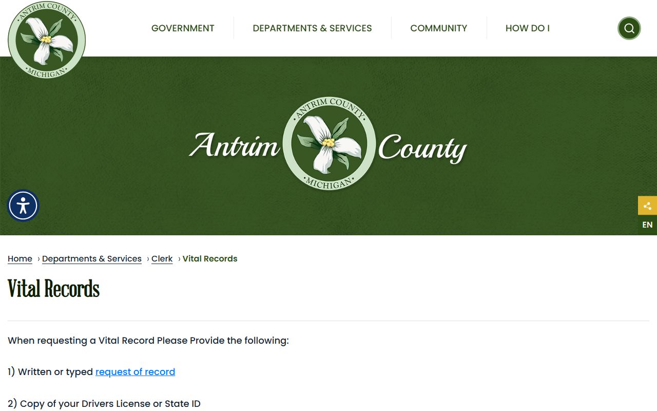 Antrim County vital records request page with clerk copy fees and ID rules
