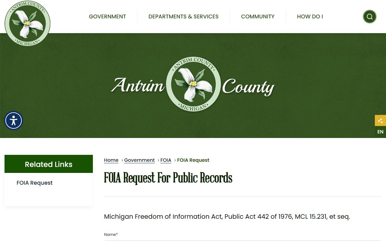 Antrim County FOIA request web form for public records in the clerk records workflow