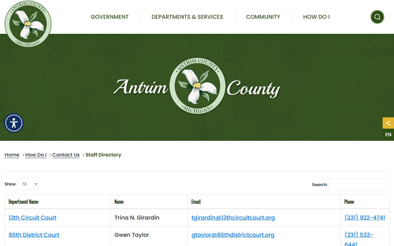 Antrim County staff directory page listing clerk and county records contacts