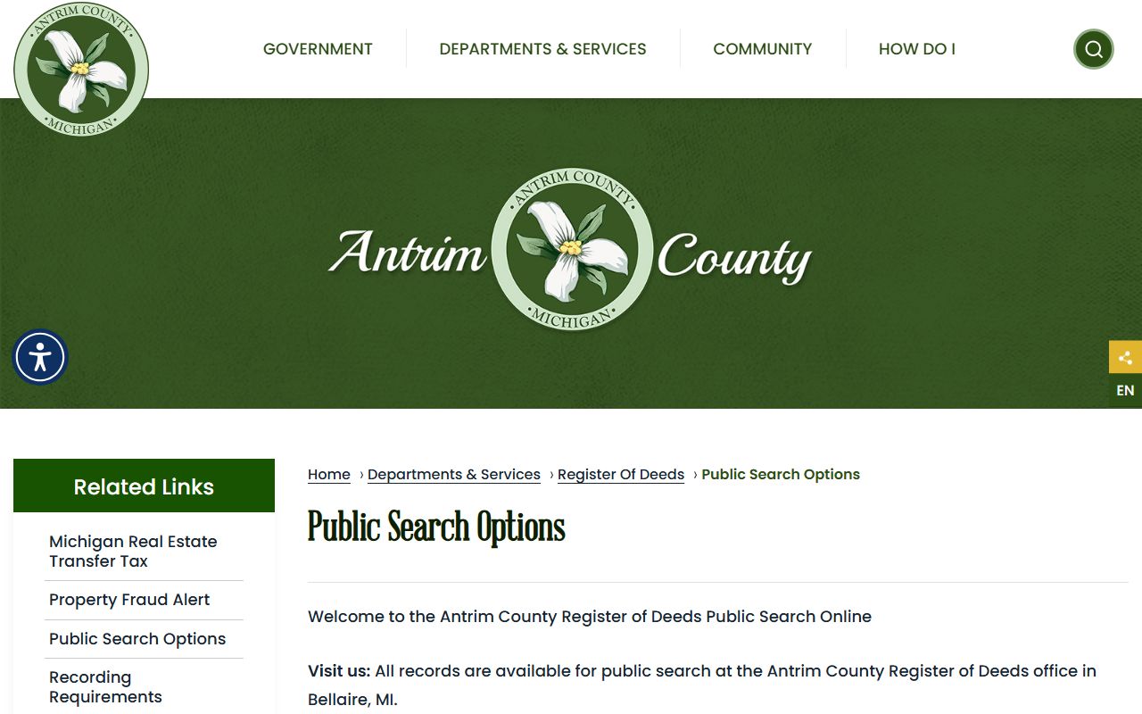Antrim County register of deeds search options page separate from clerk court records