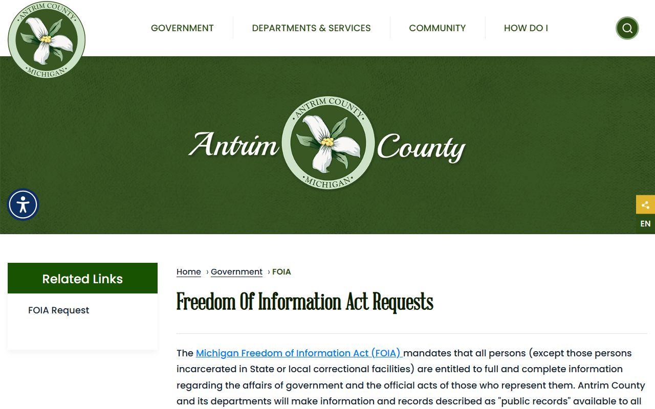 Antrim County FOIA page with public records request rules and fee thresholds