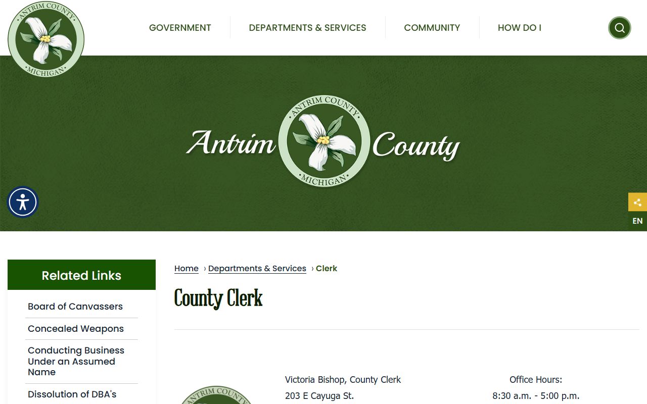 Antrim County Clerk of Court page with office contact and records duties