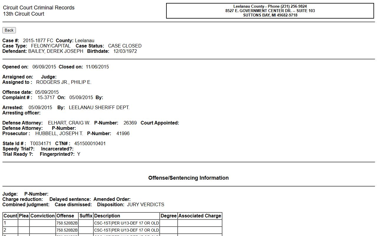 Antrim County sample criminal court records case detail page