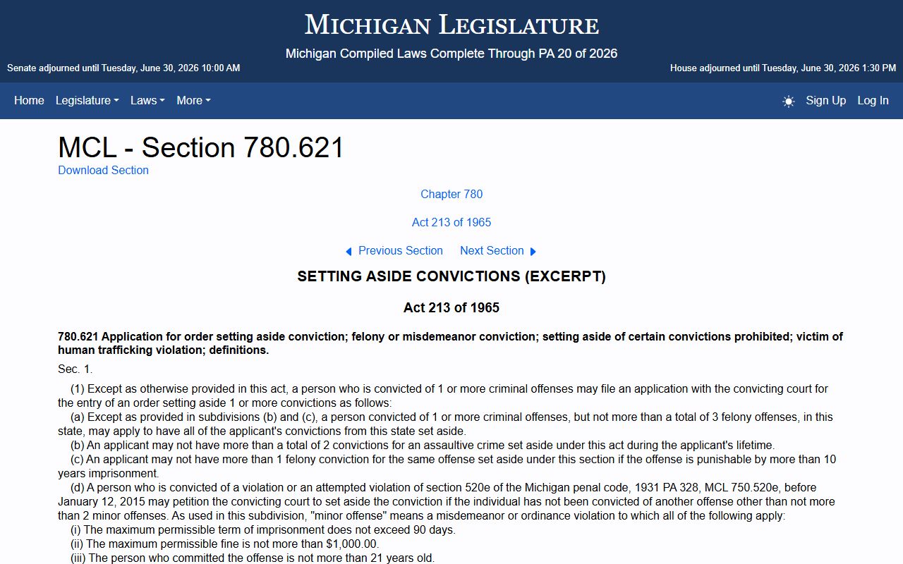 Michigan expungement statute governing Antrim County criminal court records