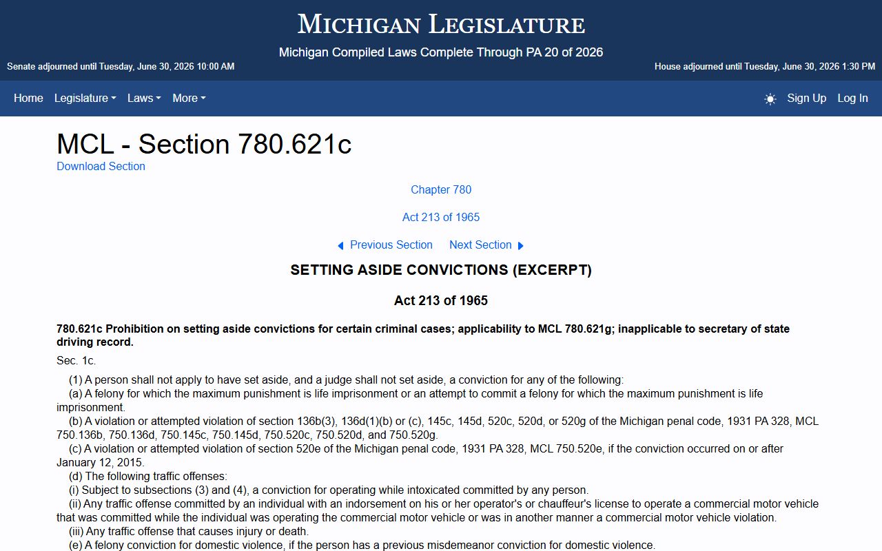 Michigan set-aside relief statute tied to Antrim County criminal court records