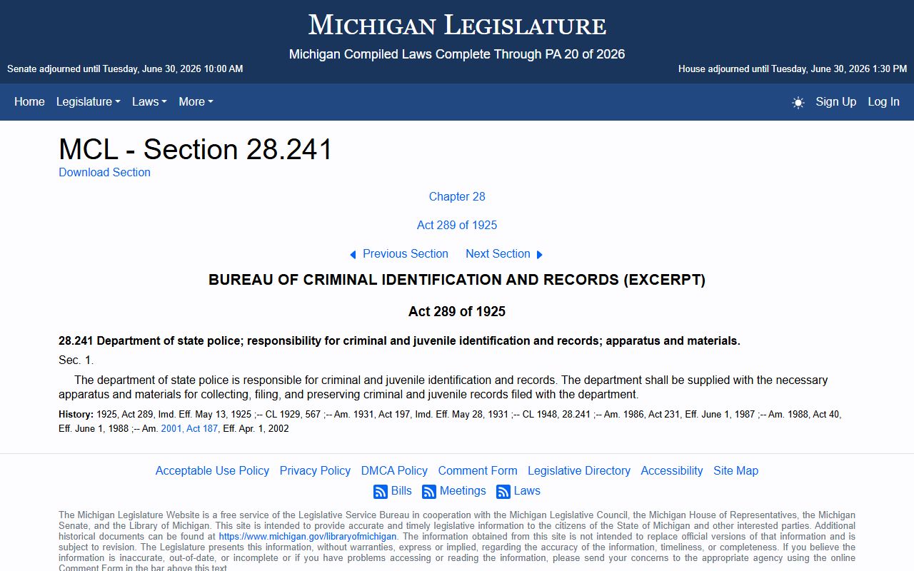 Michigan criminal identification records statute for Antrim County criminal court records