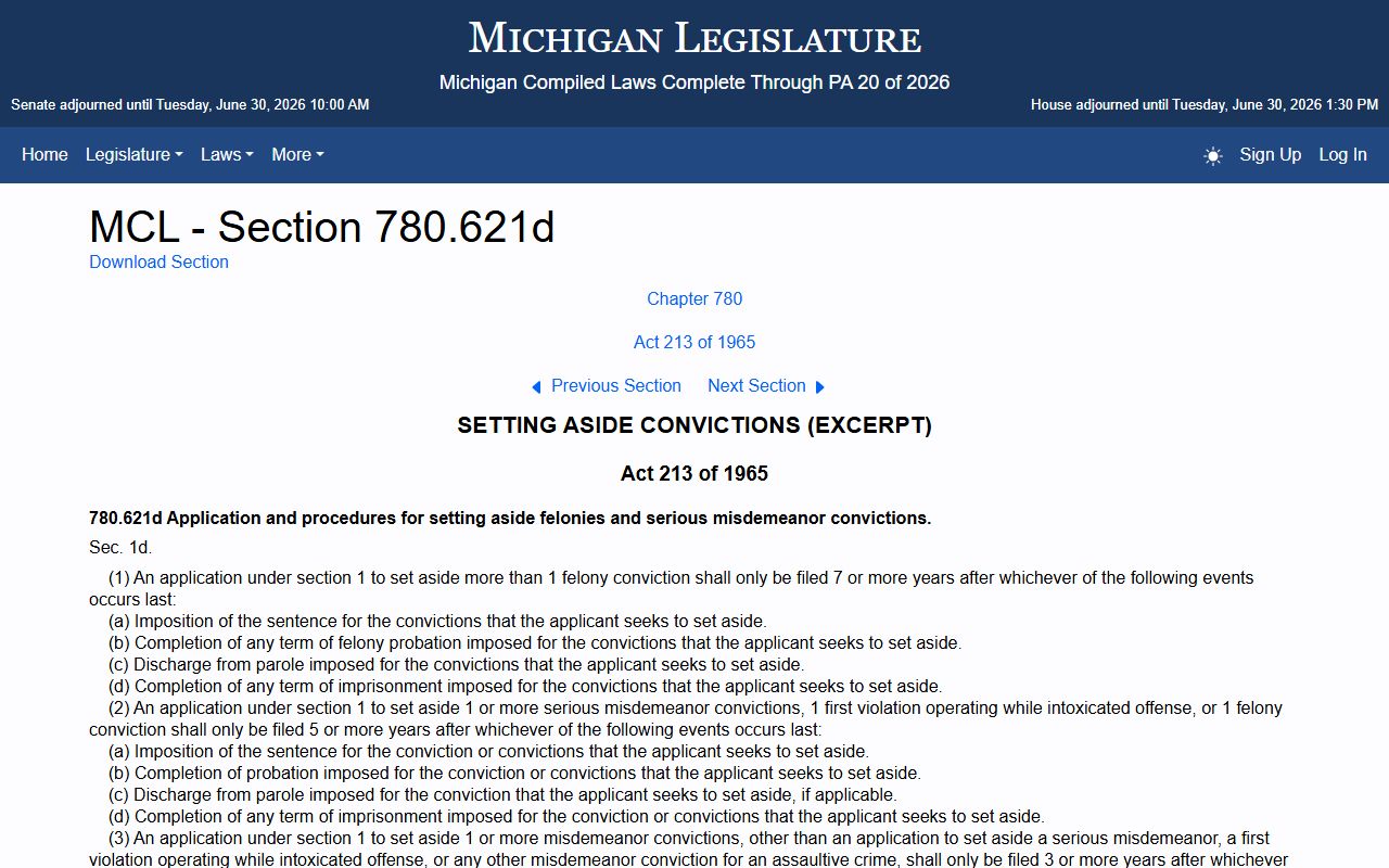 Michigan expungement timing statute for Antrim County criminal court records
