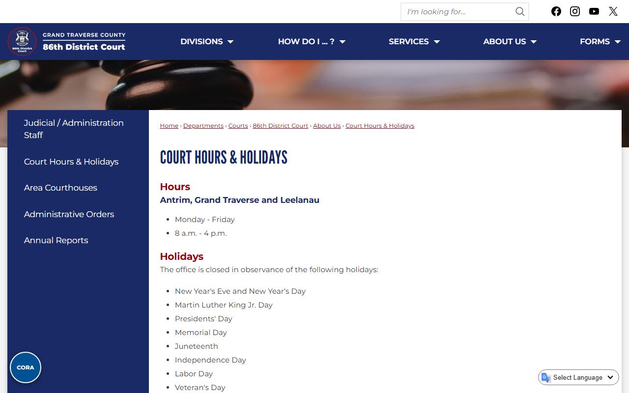Antrim County District Court hours and holidays page