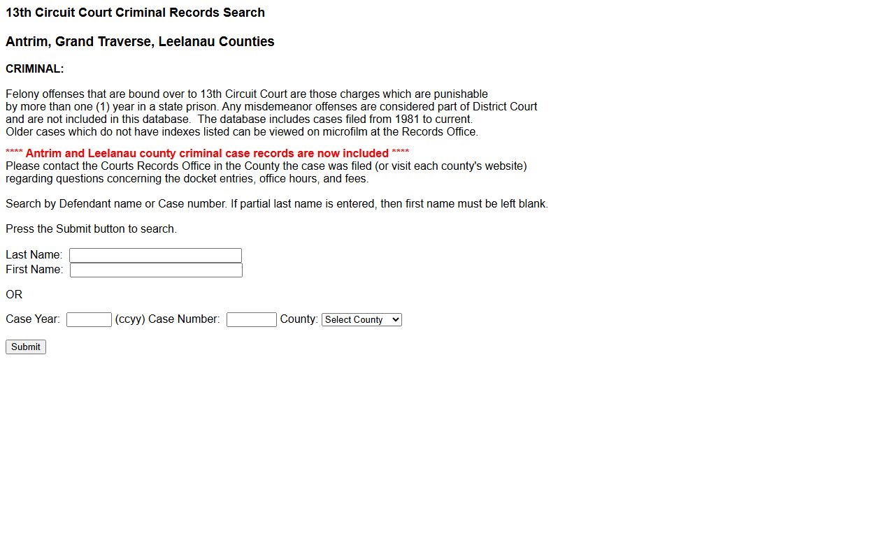 Antrim County 13th Circuit criminal court records search form