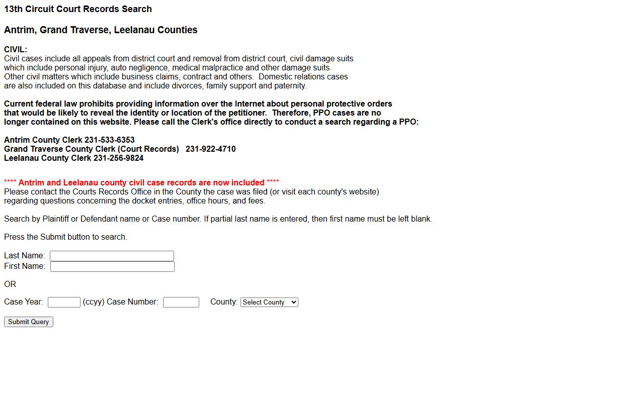 Antrim County 13th Circuit civil court records search form