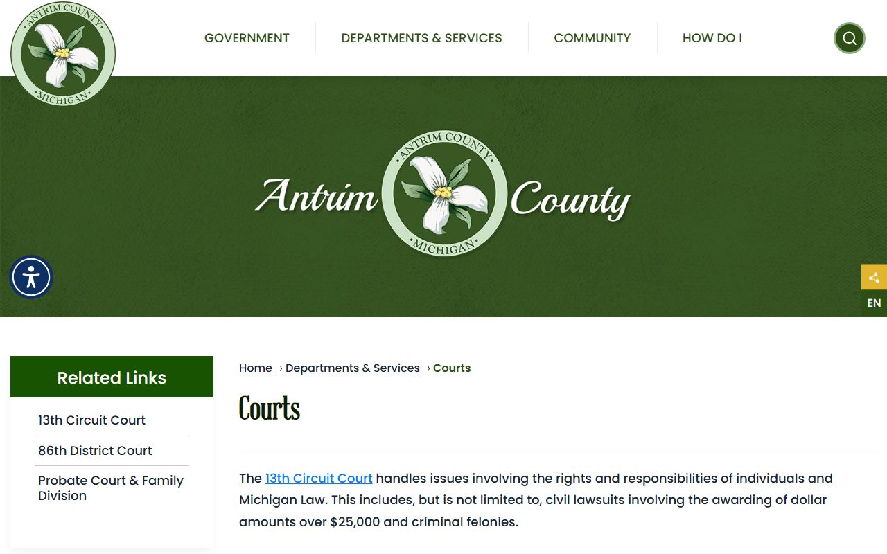 Antrim County courts landing page with circuit, district, and probate court links