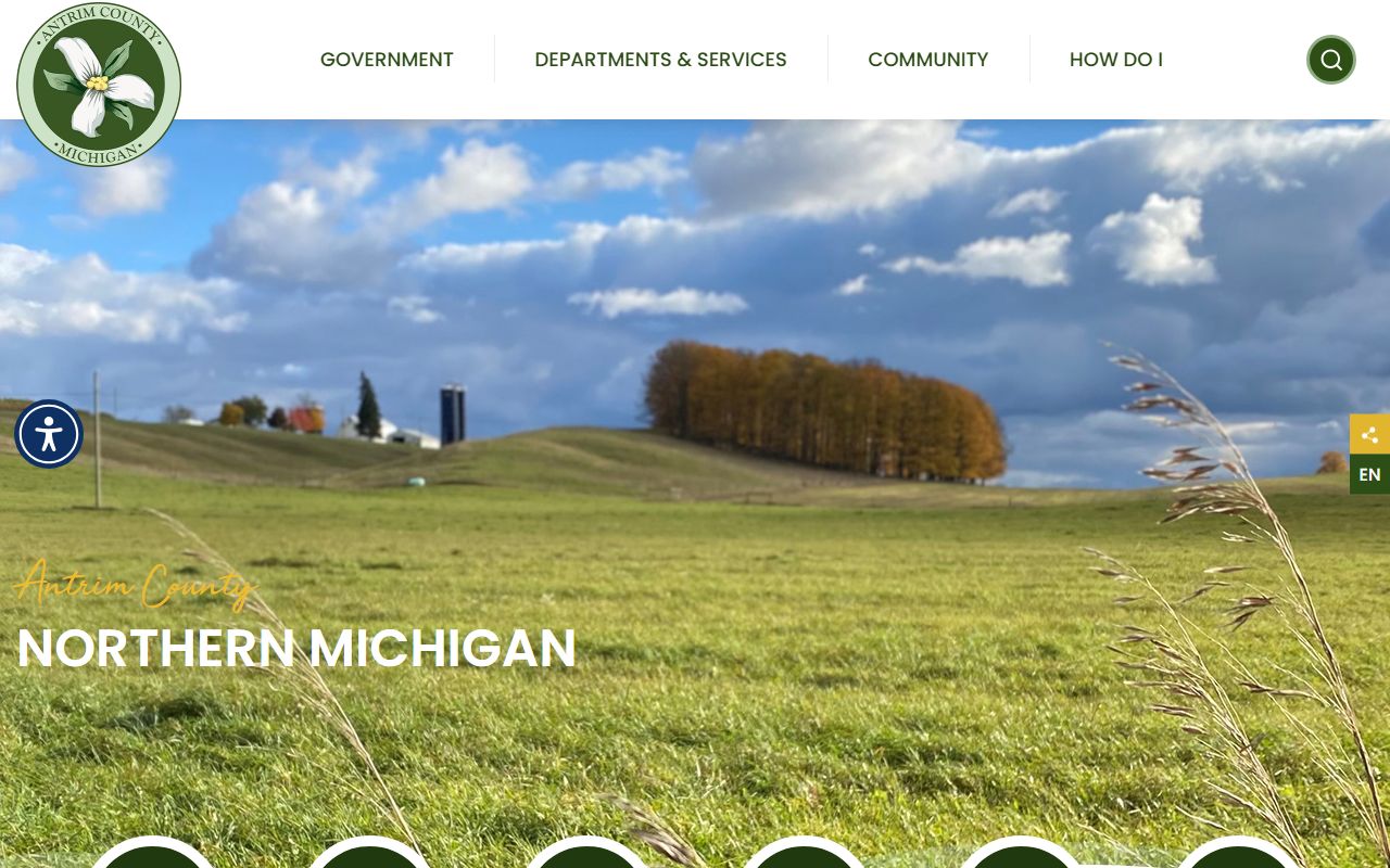 Antrim County homepage with links to courts, sheriff, and records pages