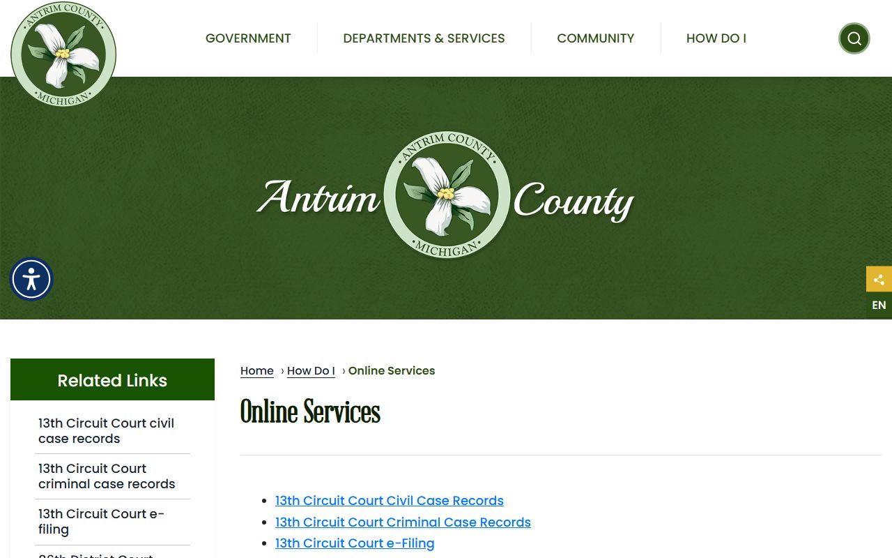 Antrim County online services page linking court records portals