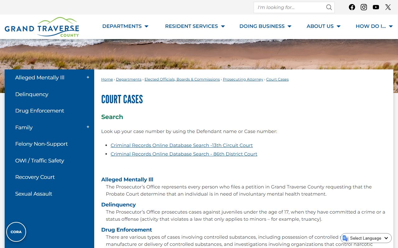 Antrim County court cases page linking district and circuit case lookups
