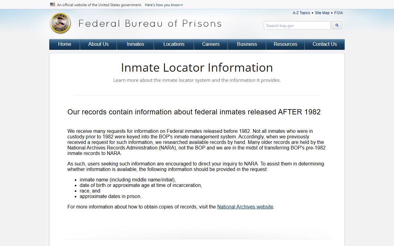 Bureau of Prisons record page explaining Antrim County federal inmate profile fields