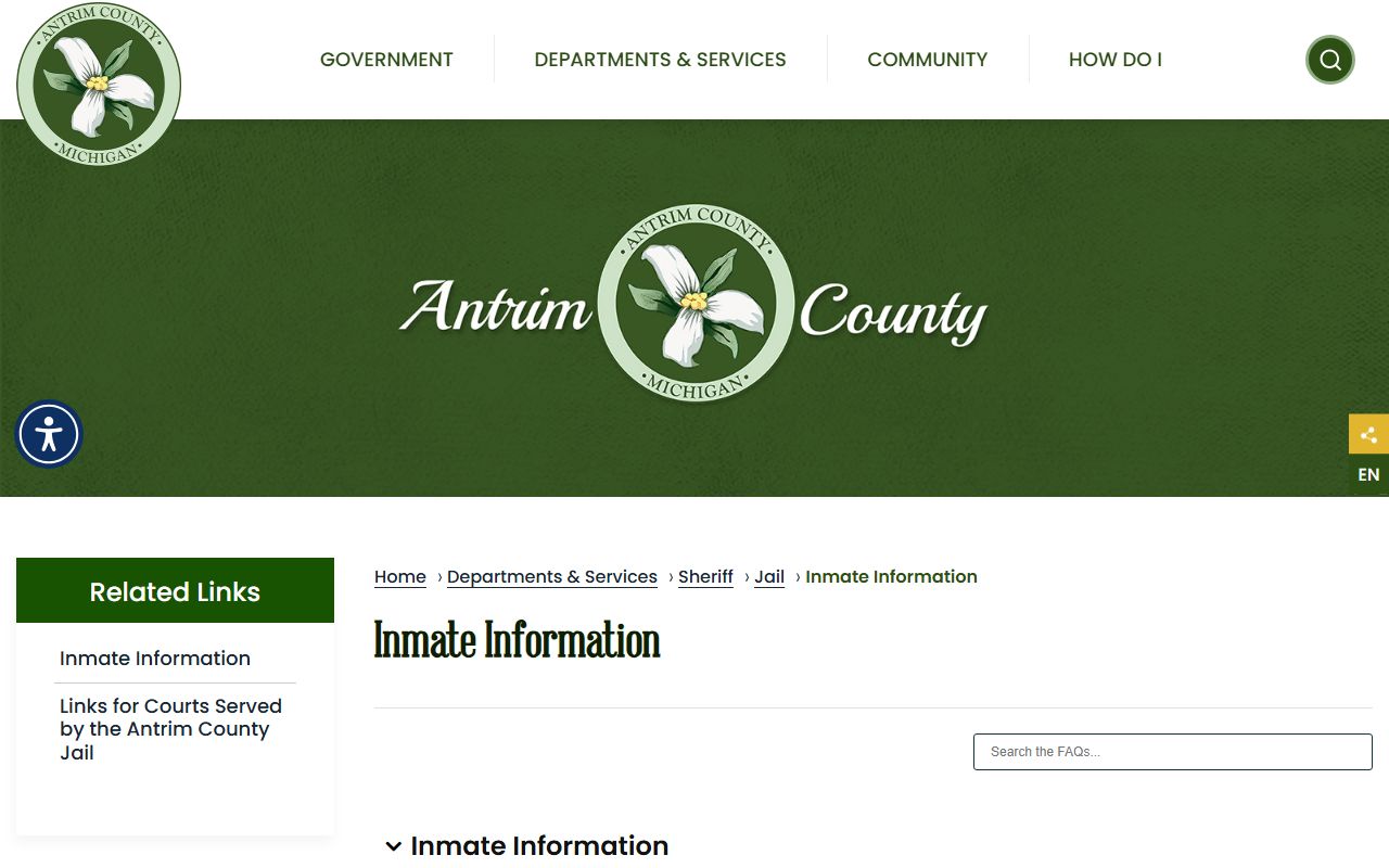 Antrim County jail inmate information page with service provider links