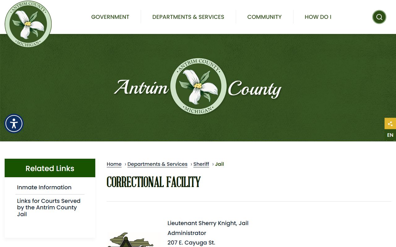 Antrim County jail overview page showing inmate capacity and staffing