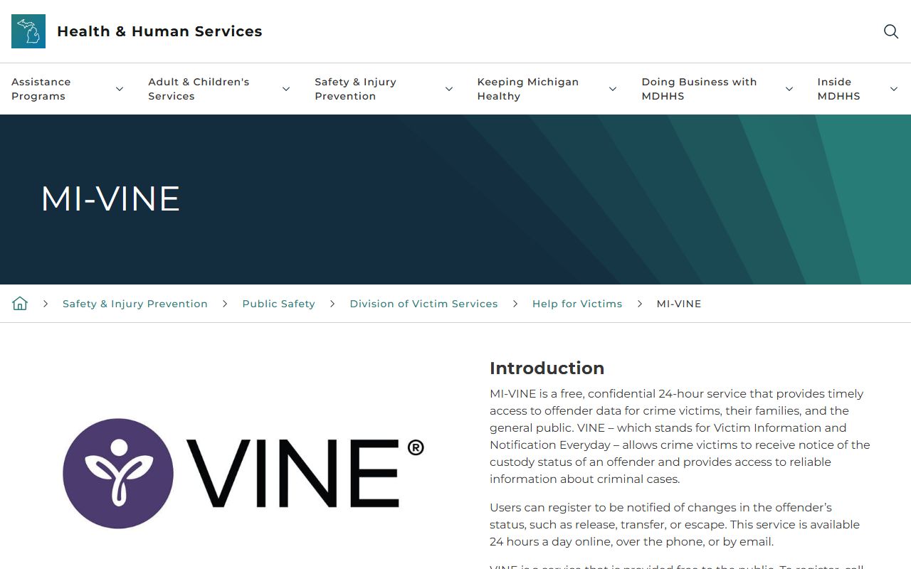 Michigan VINE page used to track Antrim County inmate custody status