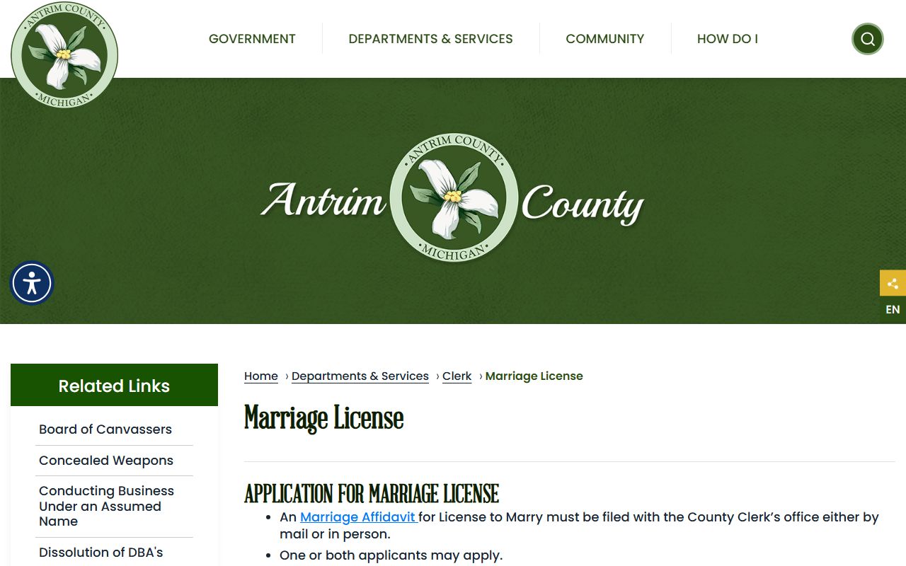 Antrim County marriage license page for marriage and divorce records