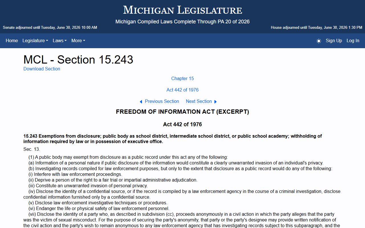 Michigan FOIA exemptions page for Antrim County marriage and divorce records