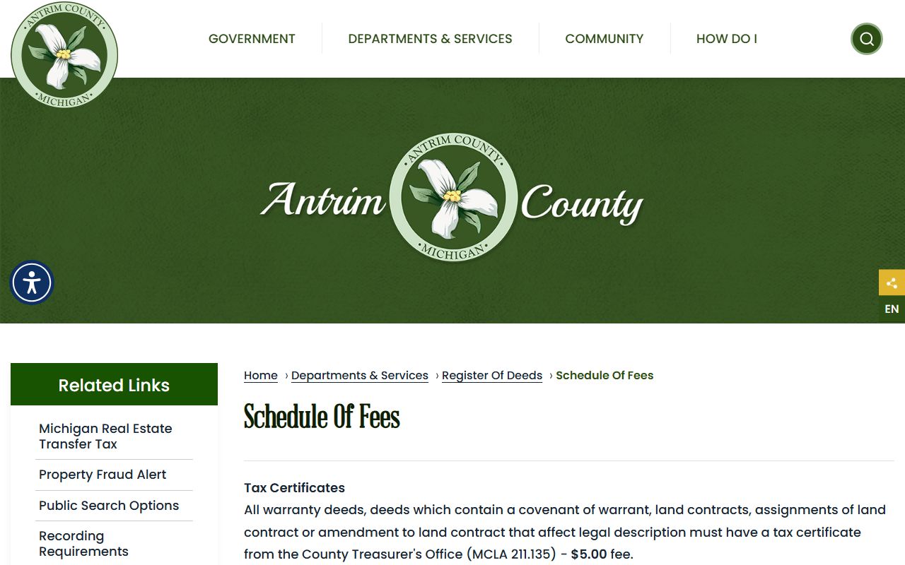 Register of deeds fee schedule for Antrim County marriage and divorce records