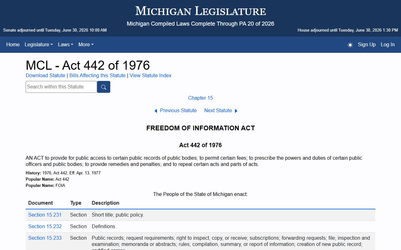 Michigan FOIA act page for Antrim County marriage and divorce records