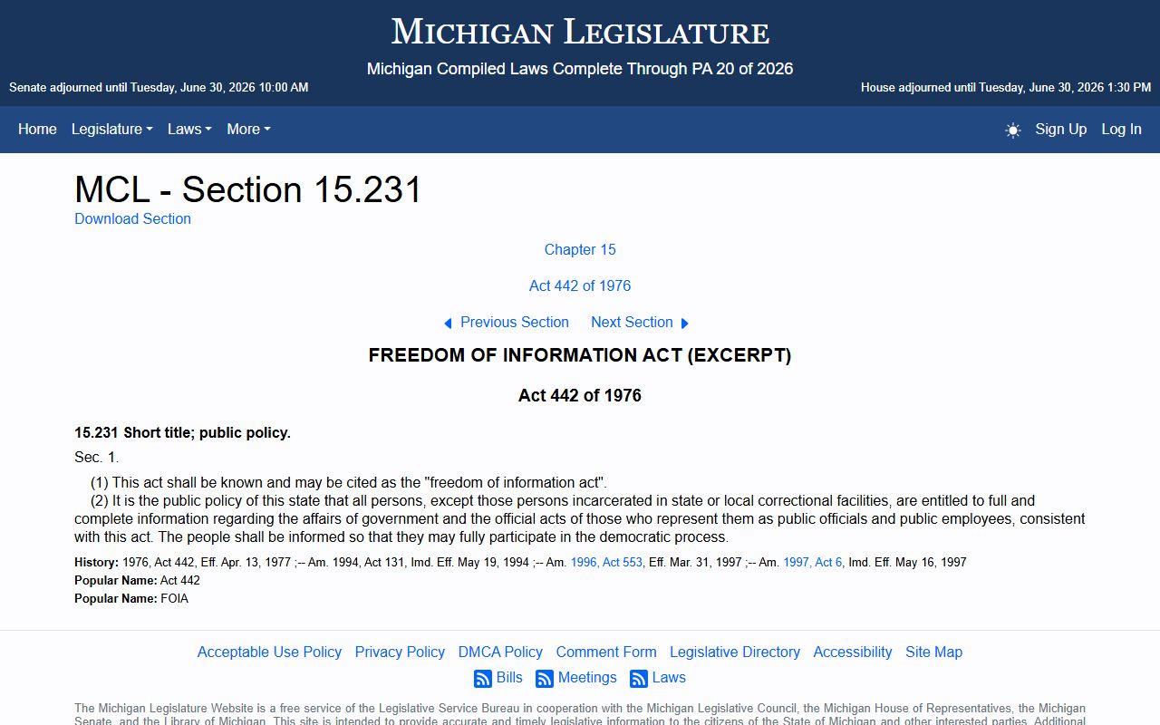 Michigan FOIA statute page for Antrim County marriage and divorce records