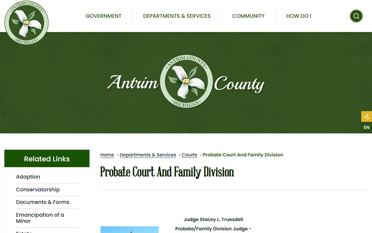 Antrim County Probate Court and Family Division page listing probate records access