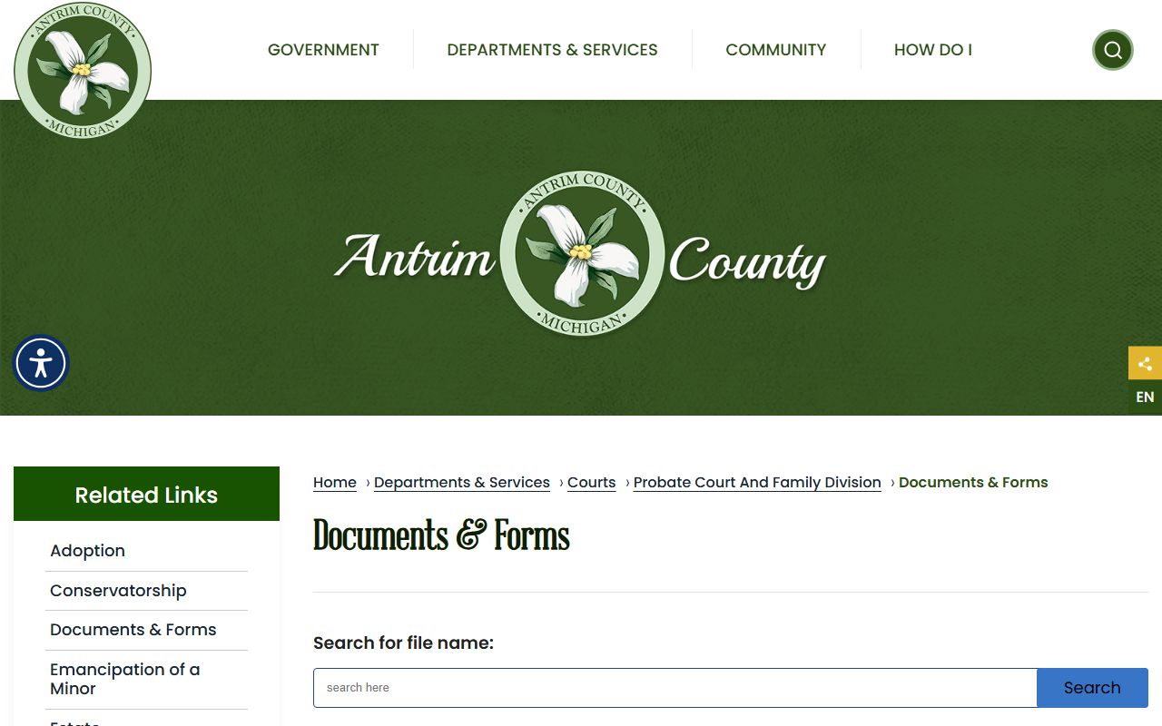 Antrim County probate records document center with searchable court forms