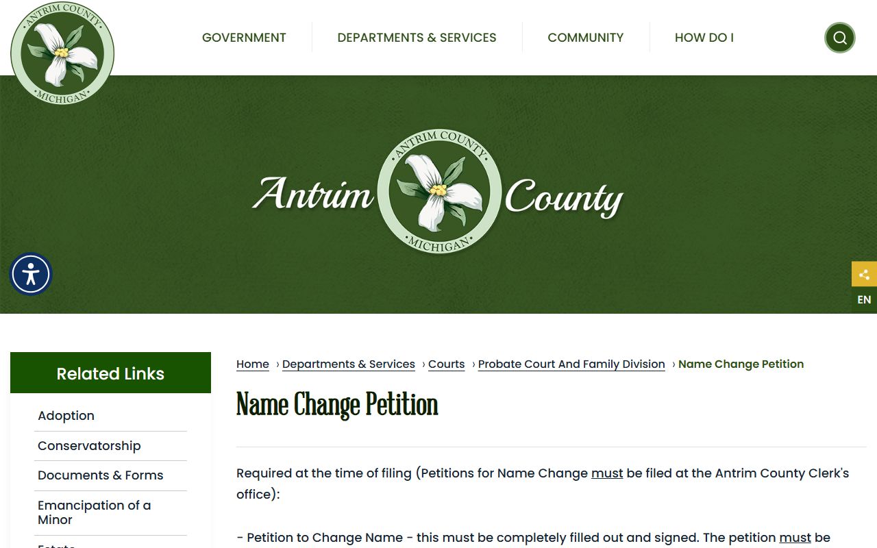 Antrim County probate records name change petition instructions