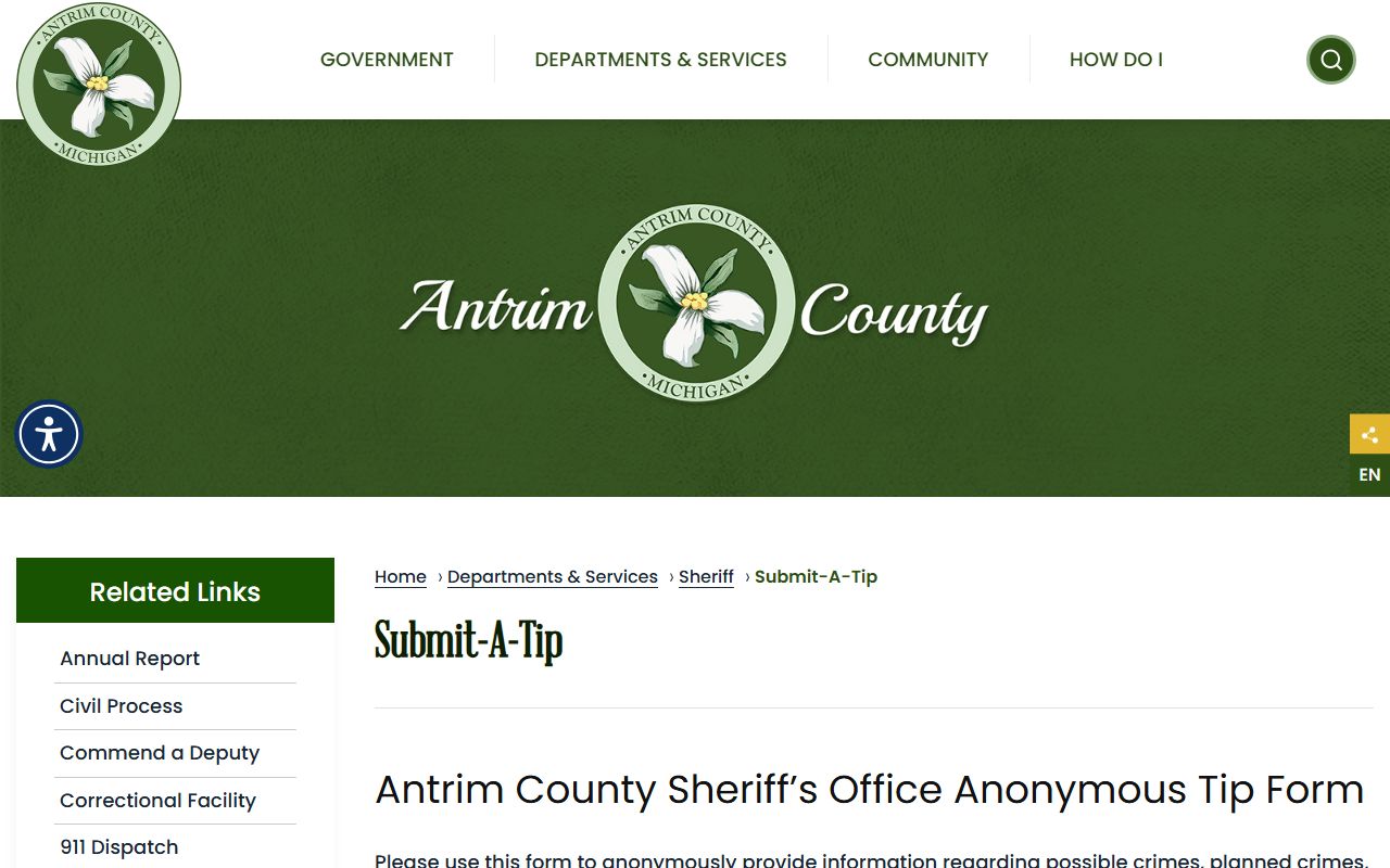 Antrim County sheriff anonymous tip form for reporting warrant and crime information