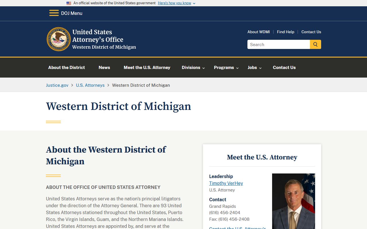 U.S. Attorney Western District of Michigan office covering Antrim County federal warrants