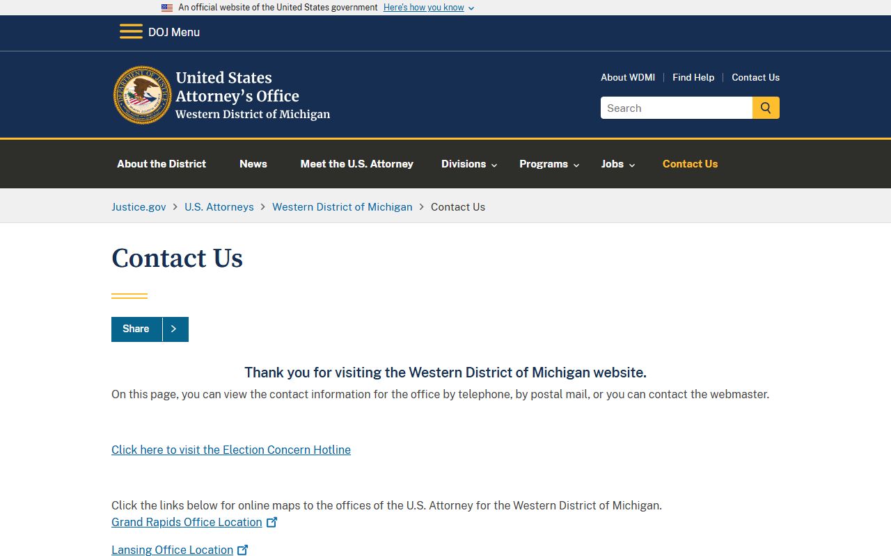 U.S. Attorney contact page for Antrim County federal warrant and fugitive cases